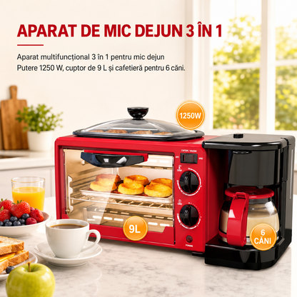 RAF R.5308R Statie de Mic Dejun 3 in 1, Cuptor Electric 9L, Cafetiera 0.6L, Tigaie Grill, 1250W