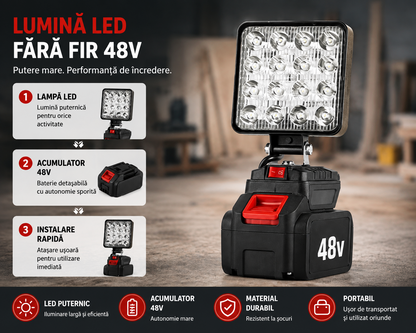 Lampa de Lucru LED 48W Portabila, Acumulator Li-Ion 48V, Proiector Reglabil 90°, Atelier, Santier, Camping