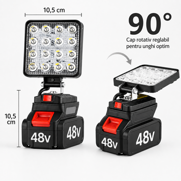 Lampa de Lucru LED 48W Portabila, Acumulator Li-Ion 48V, Proiector Reglabil 90°, Atelier, Santier, Camping