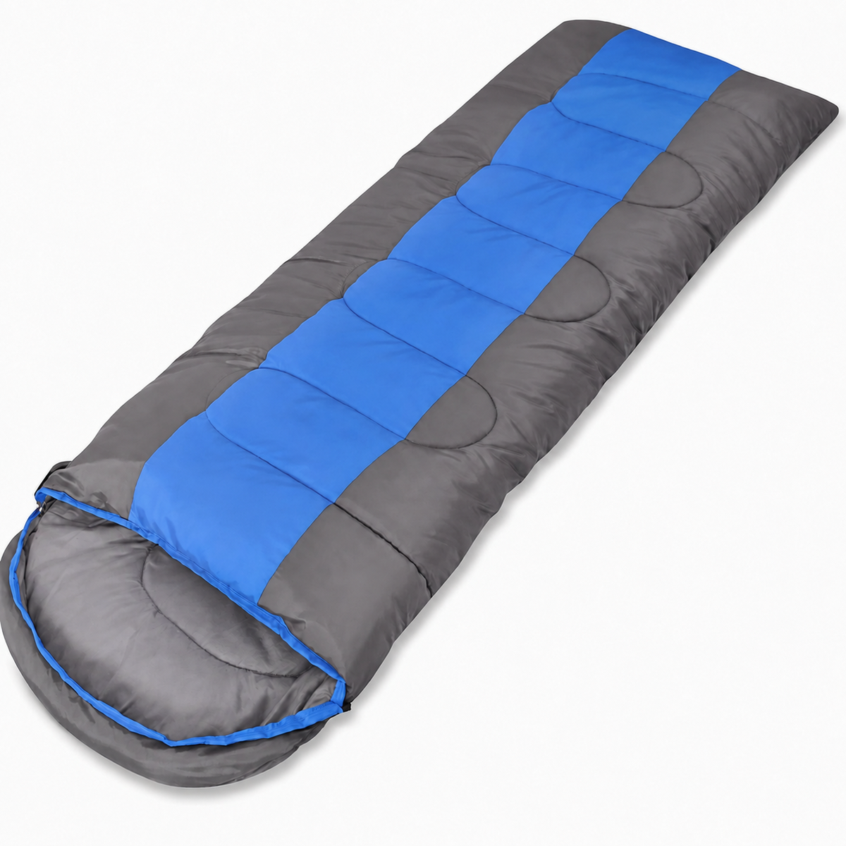 Sac de Dormit Mummy, 3 Anotimpuri, 210x90 cm, 5-15°C, cu Gluga, Gri-Portocaliu si Gri-Albastru