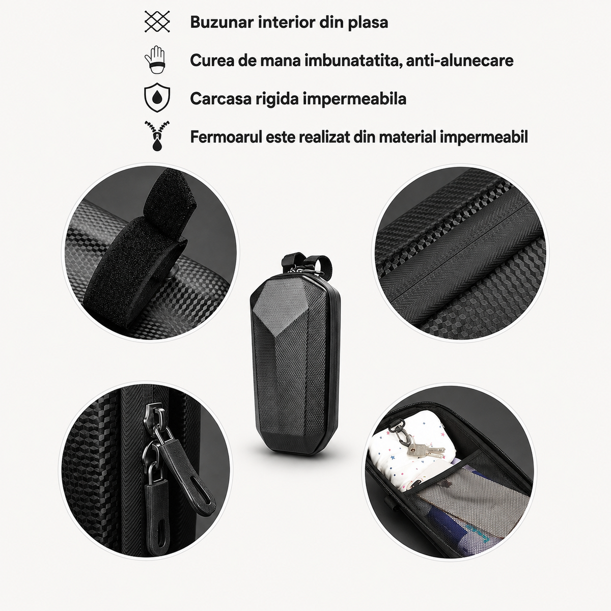 Geanta Impermeabila Trotineta 5L, EVA si Piele, Carcasa Rigida, Negru