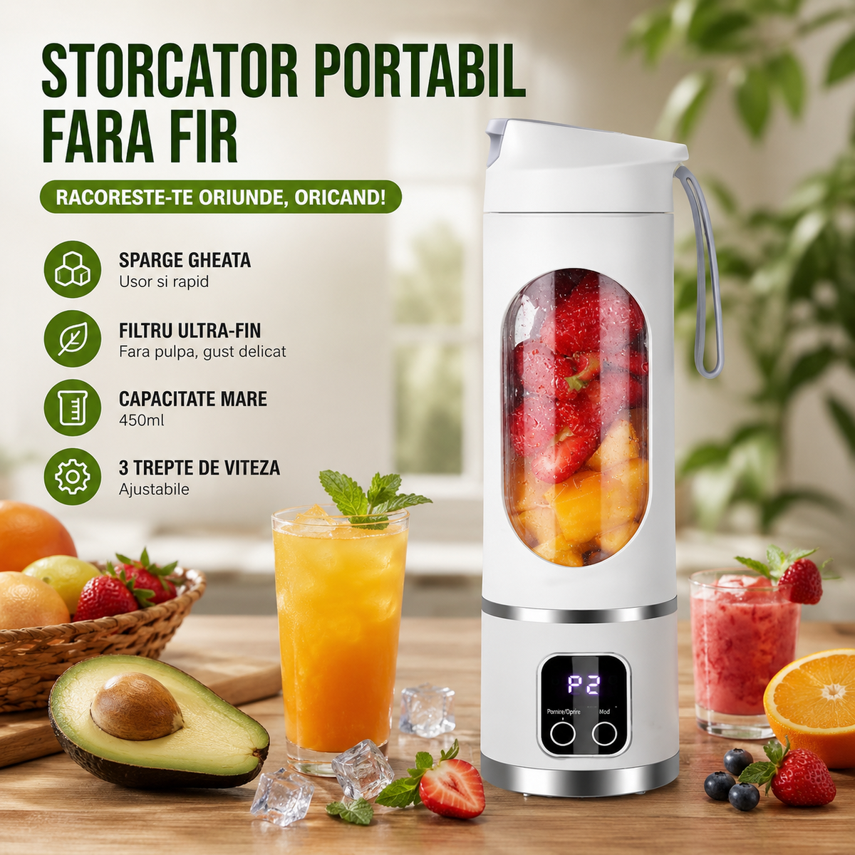 Mini Blender Electric Portabil 450ml, 12 Lame, 3 Viteze, USB, Auto-Curatare, Mov Verde Alb