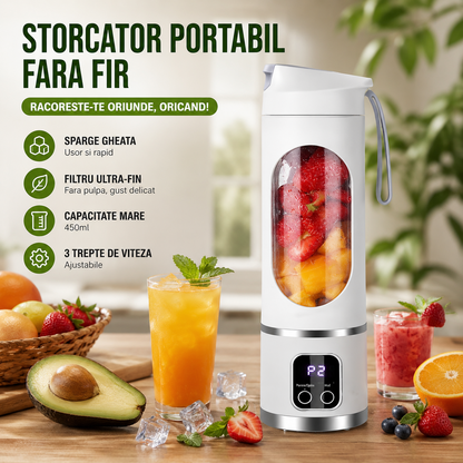 Mini Blender Electric Portabil 450ml, 12 Lame, 3 Viteze, USB, Auto-Curatare, Mov Verde Alb