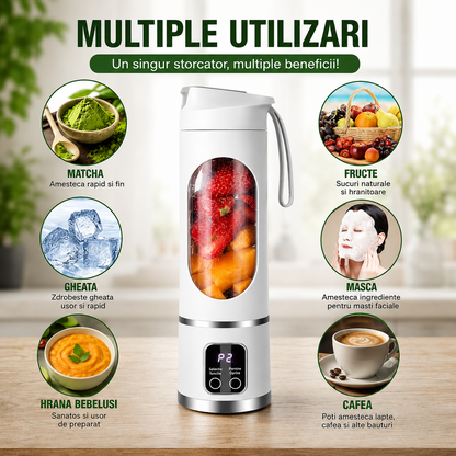 Mini Blender Electric Portabil 450ml, 12 Lame, 3 Viteze, USB, Auto-Curatare, Mov Verde Alb