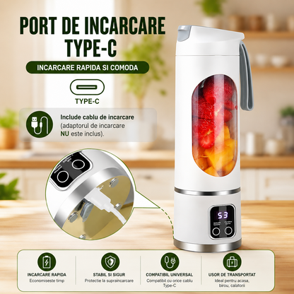 Mini Blender Electric Portabil 450ml, 12 Lame, 3 Viteze, USB, Auto-Curatare, Mov Verde Alb
