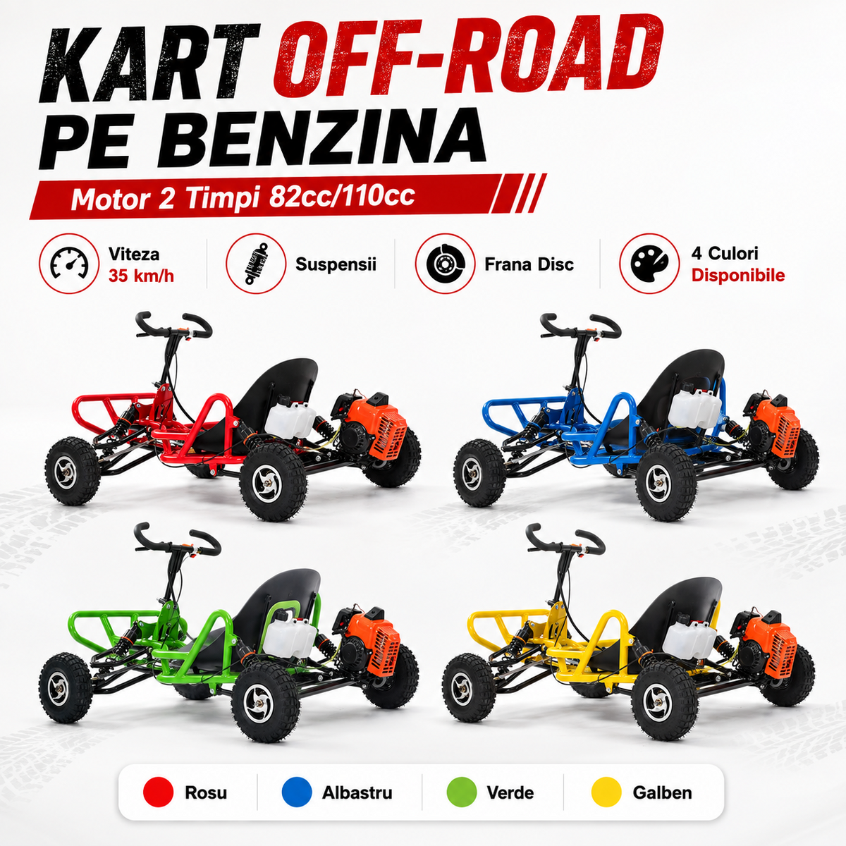 Kart Off-Road pe Benzina, Motor 2 Timpi 82cc/110cc, Viteza 35 km/h, Suspensii, Frana Disc