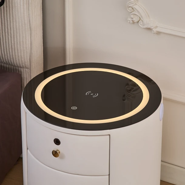 Noptiera Moderna Inteligenta, Incarcare Wireless, LED RGB, Amprenta, USB Type-C, Alba