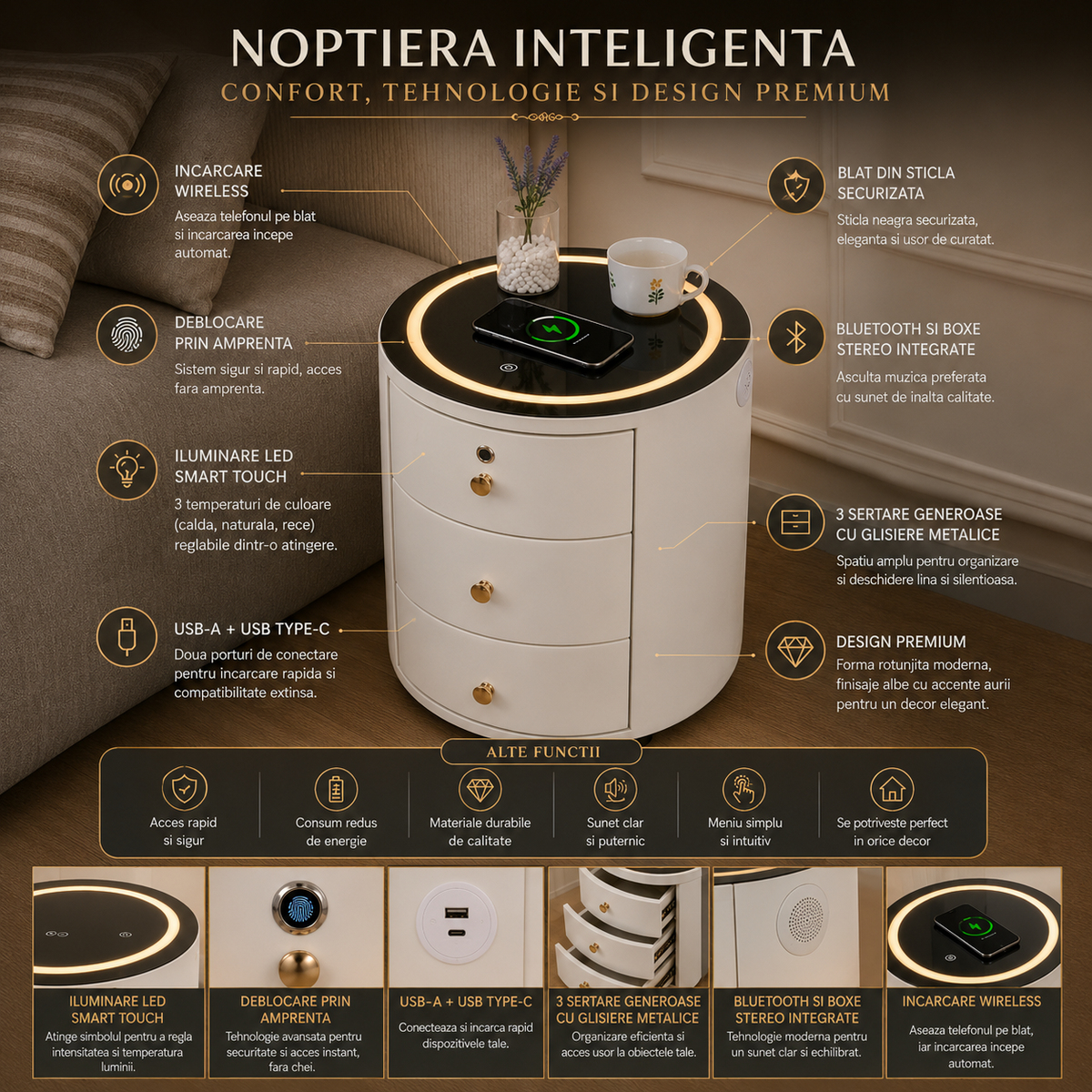 Noptiera Moderna Inteligenta, Incarcare Wireless, LED RGB, Amprenta, USB Type-C, Alba