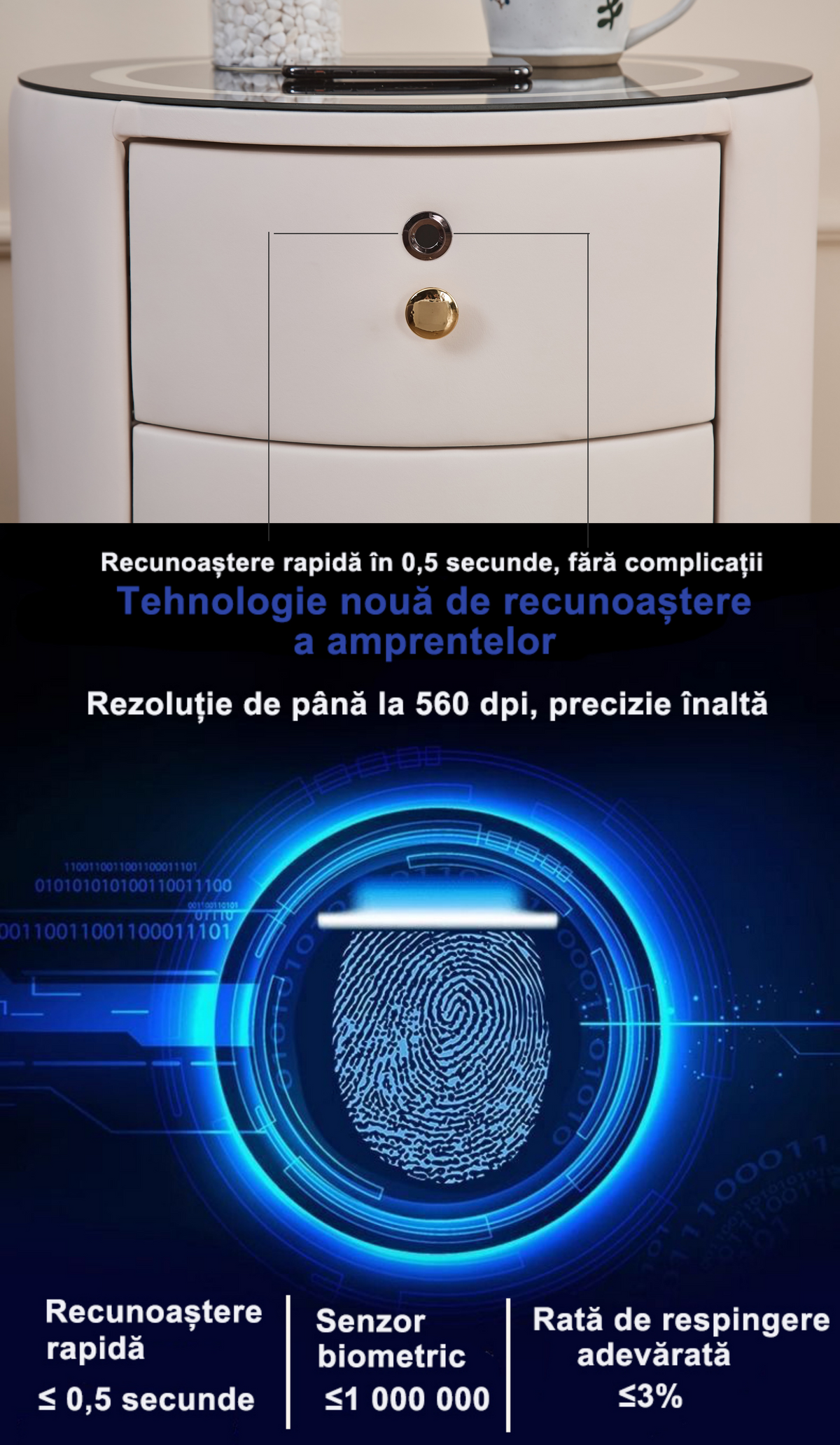 Noptiera Moderna Inteligenta, Incarcare Wireless, LED RGB, Amprenta, USB Type-C, Alba