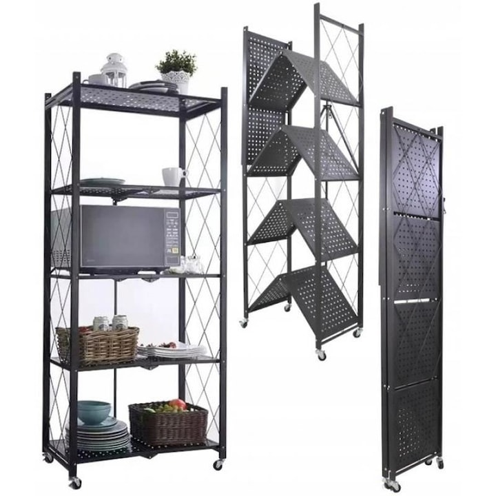Raft Metalic Pliabil cu 5 Polite, Roti, 163x72x34 cm, Capacitate 50 kg pe Polita