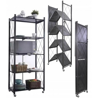 Raft Metalic Pliabil cu 5 Polite, Roti, 163x72x34 cm, Capacitate 50 kg pe Polita