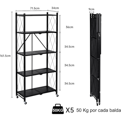 Raft Metalic Pliabil cu 5 Polite, Roti, 163x72x34 cm, Capacitate 50 kg pe Polita