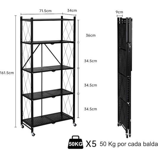 Raft Metalic Pliabil cu 5 Polite, Roti, 163x72x34 cm, Capacitate 50 kg pe Polita