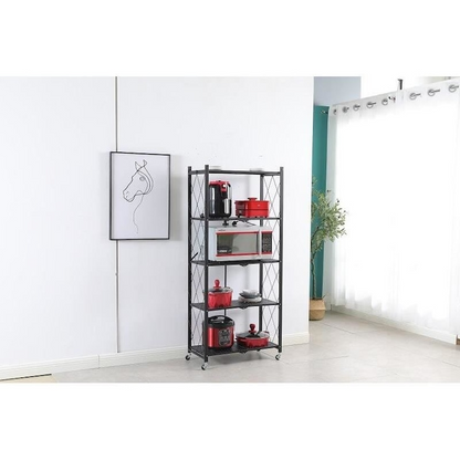 Raft Metalic Pliabil cu 5 Polite, Roti, 163x72x34 cm, Capacitate 50 kg pe Polita