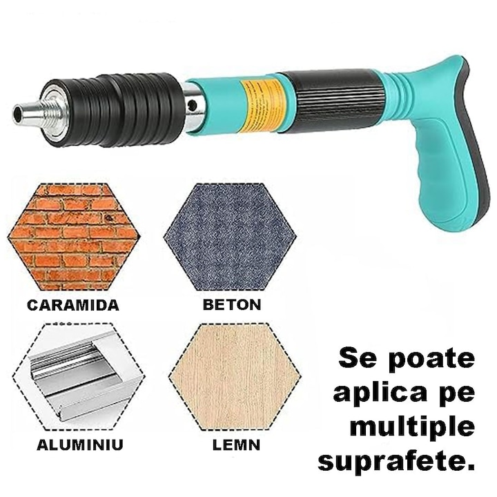 Kit Pistol Manual pentru Fixare Cuie si Nituri, 33 cm, Accesorii, Ochelari, Dopuri, Cutie Transport, Albastru - 50 Cuie Incluse