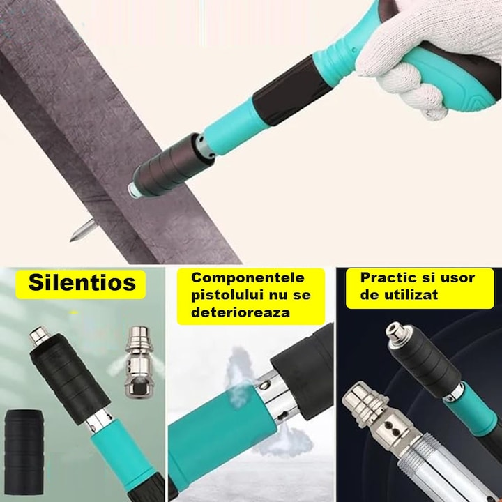 Kit Pistol Manual pentru Fixare Cuie si Nituri, 33 cm, Accesorii, Ochelari, Dopuri, Cutie Transport, Albastru - 50 Cuie Incluse