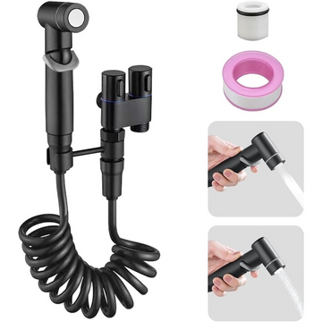 Set Dus Igienic pentru Toaleta, Furtun, Supapa Dubla 1 in 2, Presiune Reglabila, Gri