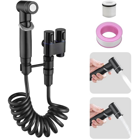 Set Dus Igienic pentru Toaleta, Furtun, Supapa Dubla 1 in 2, Presiune Reglabila, Gri