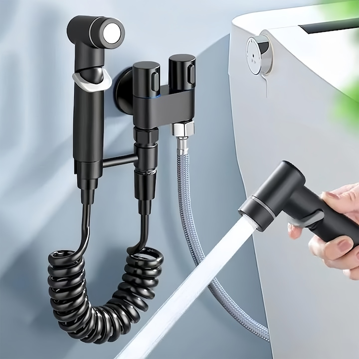 Set Dus Igienic pentru Toaleta, Furtun, Supapa Dubla 1 in 2, Presiune Reglabila, Gri