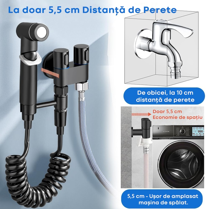 Set Dus Igienic pentru Toaleta, Furtun, Supapa Dubla 1 in 2, Presiune Reglabila, Gri