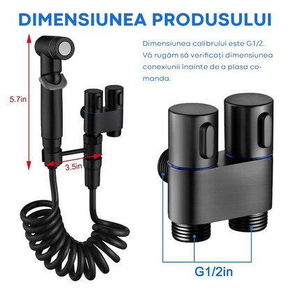 Set Dus Igienic pentru Toaleta, Furtun, Supapa Dubla 1 in 2, Presiune Reglabila, Gri