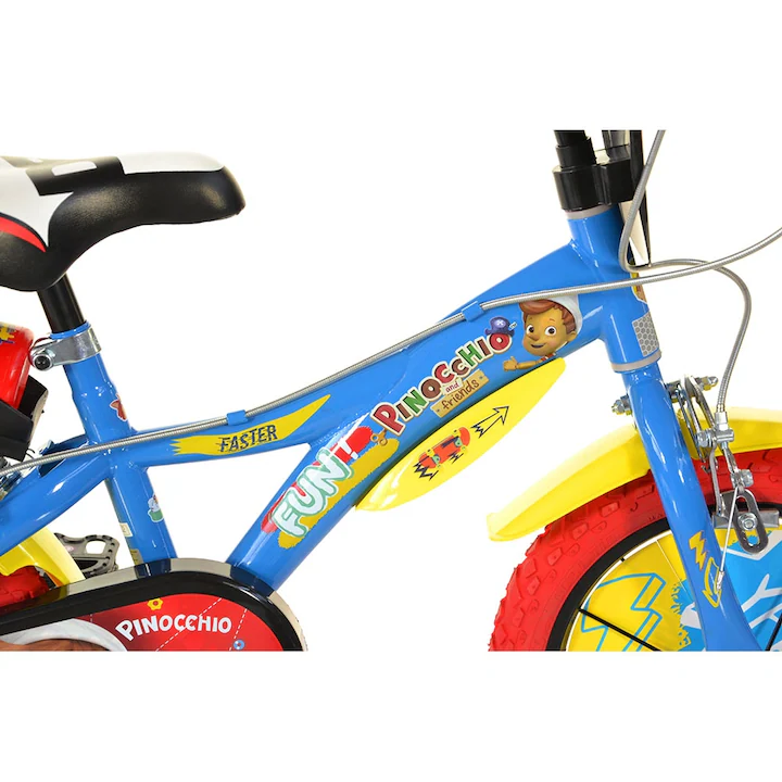 Bicicleta Copii Pinocchio 16 Inch Dino Bikes, Roti Ajutatoare, Aparatori, Frane, Sticla Apa