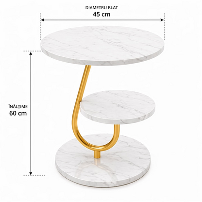 Masuta de Cafea cu Blat Marmura Alba, Cadru Metalic Auriu, Raft Inferior, 45x60 cm