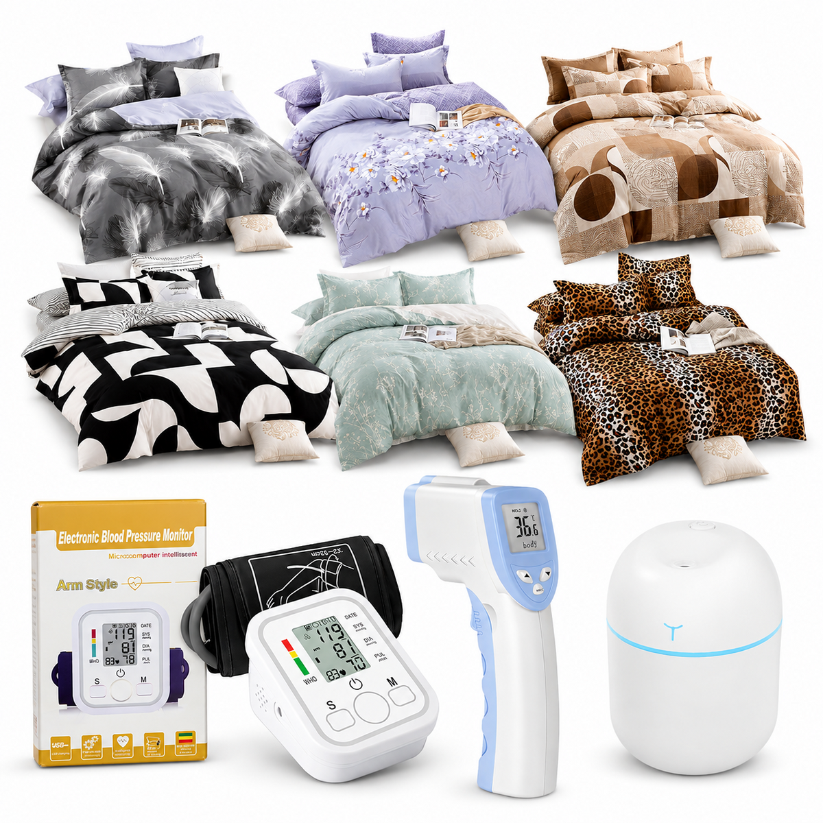 Pachet Complet pentru Casa – Lenjerie Finet + Tensiometru + Termometru + Mini Umidificator, Doar 299 Lei