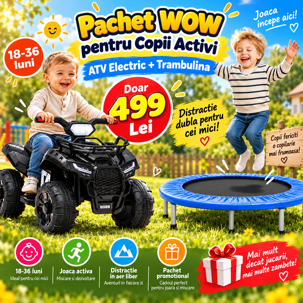 Pachet WOW pentru Copii Activi – ATV Electric + Trambulina, Distractie Dubla la Doar 499 Lei
