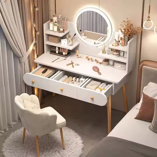 Masa Toaleta cu Oglinda LED Tactila, 3 Lumini, Rafturi si Sertare, MDF Lemn, Alb, 100x120x40 cm