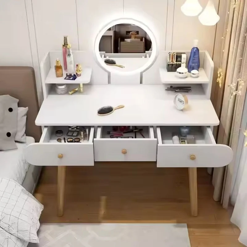 Masa Toaleta cu Oglinda LED Tactila, 3 Lumini, Rafturi si Sertare, MDF Lemn, Alb, 100x120x40 cm