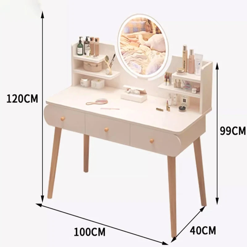 Masa Toaleta cu Oglinda LED Tactila, 3 Lumini, Rafturi si Sertare, MDF Lemn, Alb, 100x120x40 cm