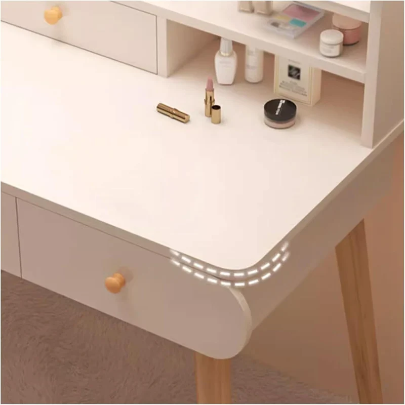 Masa Toaleta cu Oglinda LED Tactila, 3 Lumini, Rafturi si Sertare, MDF Lemn, Alb, 100x120x40 cm