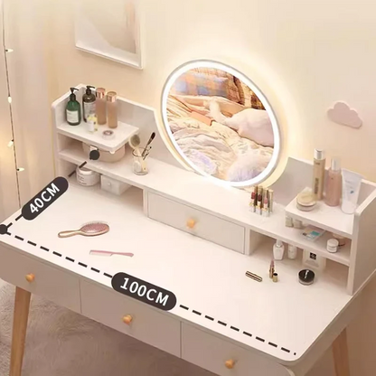 Masa Toaleta cu Oglinda LED Tactila, 3 Lumini, Rafturi si Sertare, MDF Lemn, Alb, 100x120x40 cm