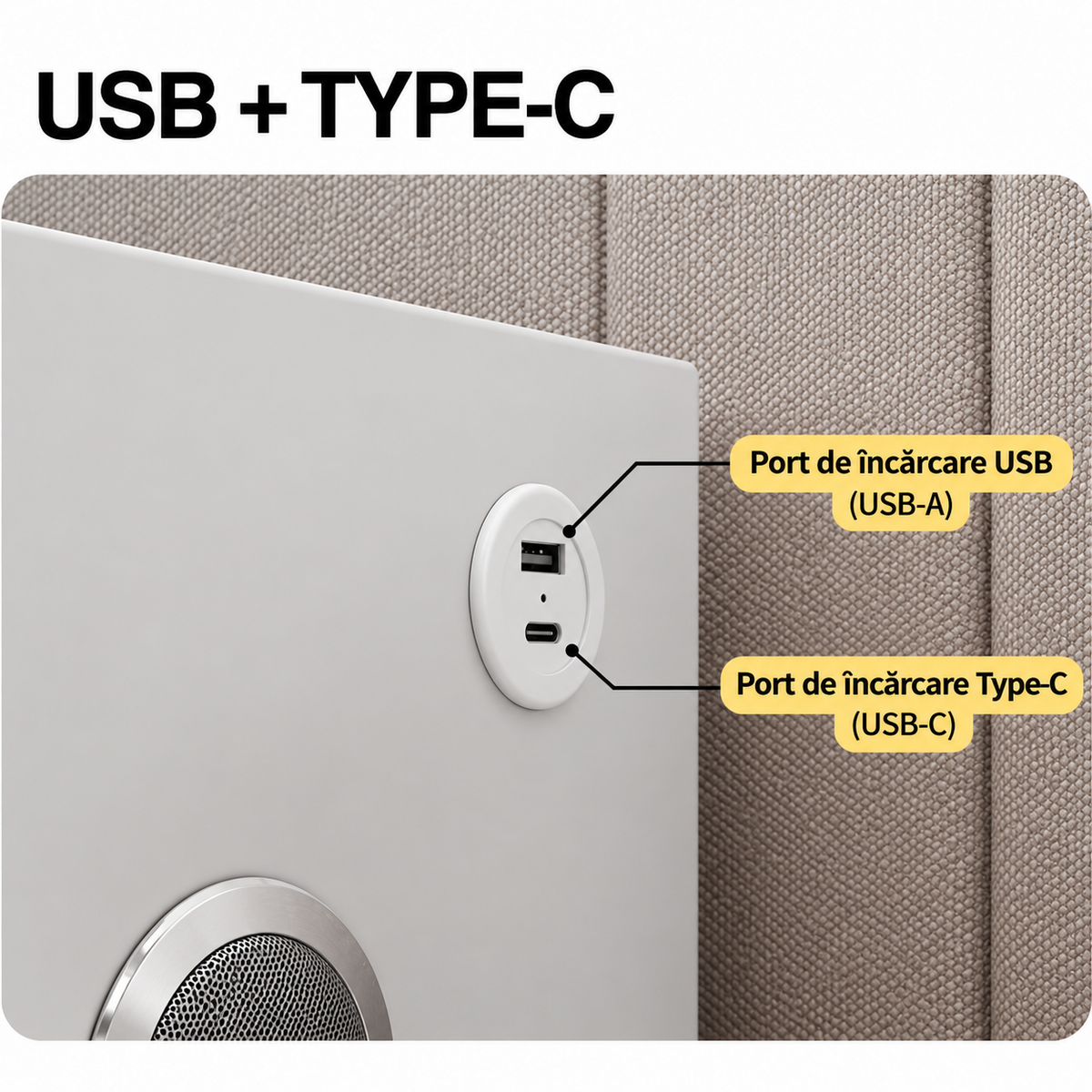 Noptiera Smart Multifunctionala 45x40x60 cm, LED Tactil, Incarcare Wireless, USB-C si Bluetooth