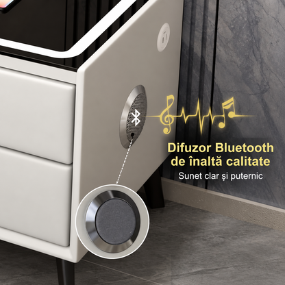 Noptiera Smart Multifunctionala 45x40x60 cm, LED Tactil, Incarcare Wireless, USB-C si Bluetooth