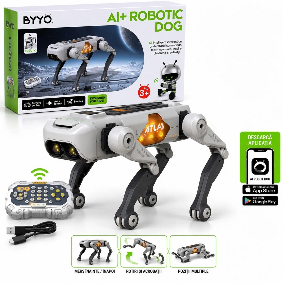 Caine Robot Inteligent AI+ Atlas 30 cm, Model 8877, Telecomanda 2.4GHz, Vocal, USB