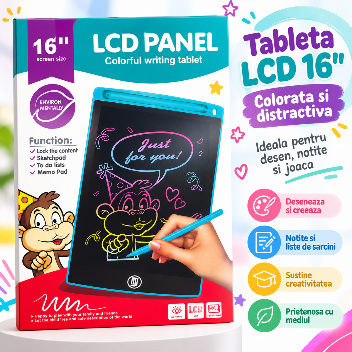 Tableta LCD Desen Copii 16 Inch, Color Writing Tablet, Stilou Inclus, Ecran Colorat