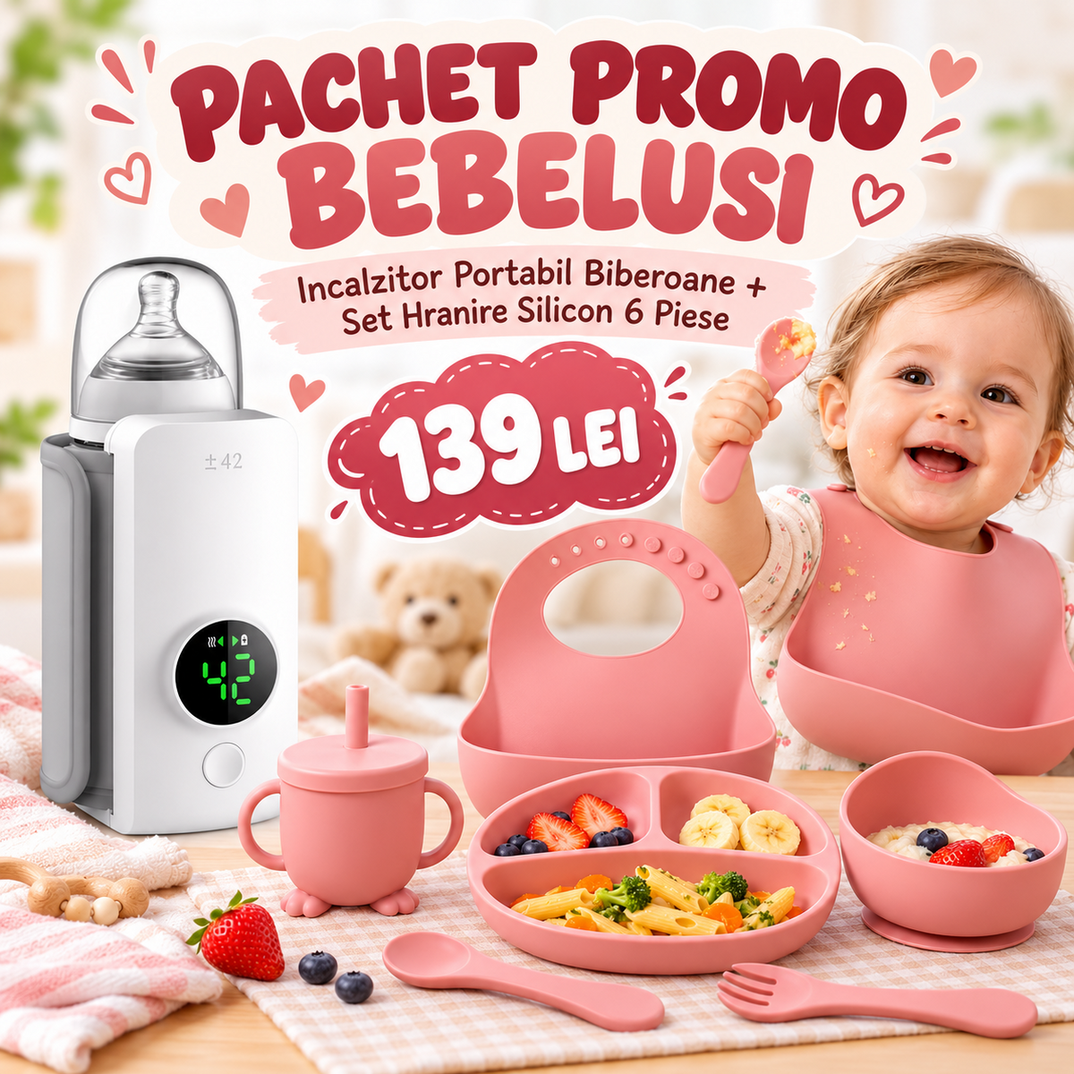 Pachet Promo Bebelusi 139 Lei, Incalzitor Portabil Biberoane + Set Hranire Silicon 6 Piese