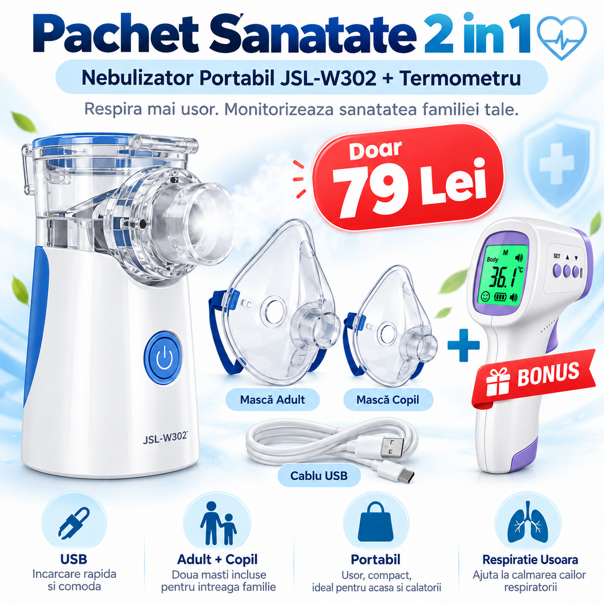 Pachet Sanatate 2 in 1 la Doar 79 Lei – Nebulizator Portabil + Termometru sau Mini Umidificator
