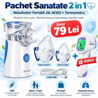 Pachet Sanatate 2 in 1 la Doar 79 Lei – Nebulizator Portabil + Termometru sau Mini Umidificator