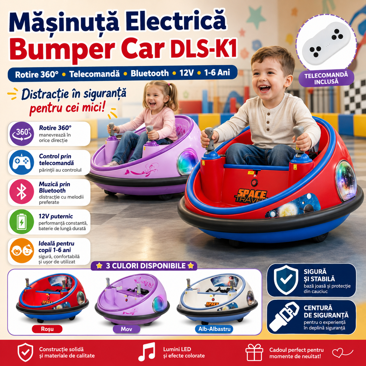 Masinuta Electrica Bumper Car DLS-K1 – Rotire 360, Bluetooth si Control Parental