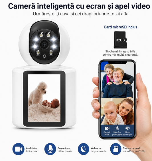 Camera Smart WiFi 1080P – Apel Video, Rotire 360, Night Vision si Card 32GB Cadou