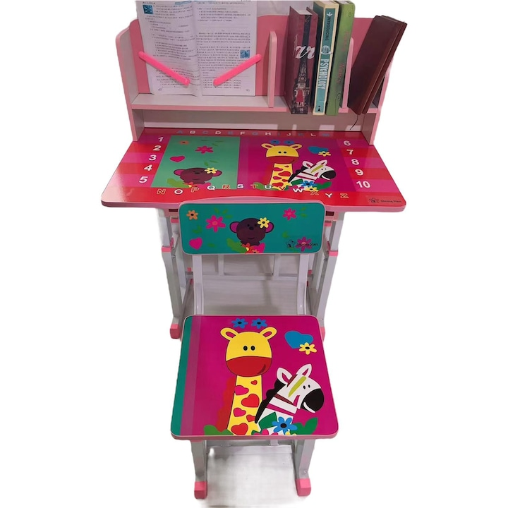 Set Birou si Scaun pentru Copii – Reglabil, Ergonomic, cu Raft Carti si 4 Modele Vesele