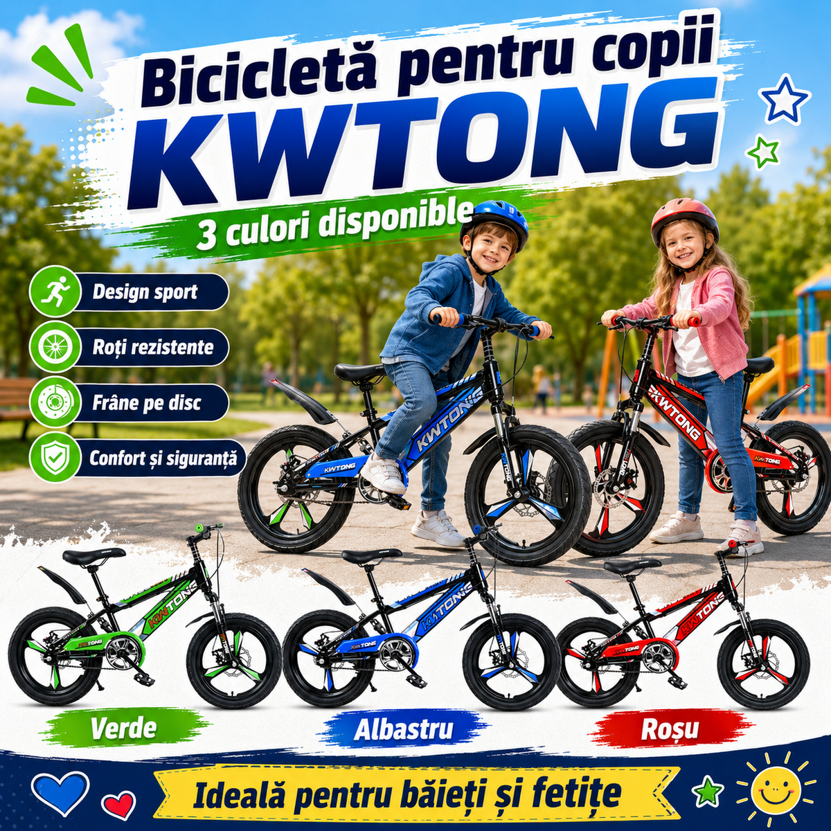 Bicicleta 20 Inch Unisex pentru Scheme, Roti Duble, Frane Disc Fata Spate, Rosu Verde Albastru
