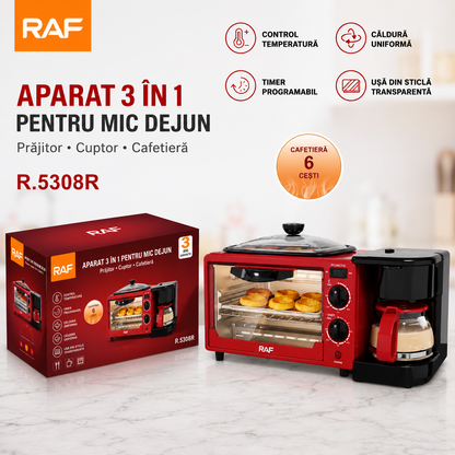 RAF R.5308R Statie de Mic Dejun 3 in 1, Cuptor Electric 9L, Cafetiera 0.6L, Tigaie Grill, 1250W