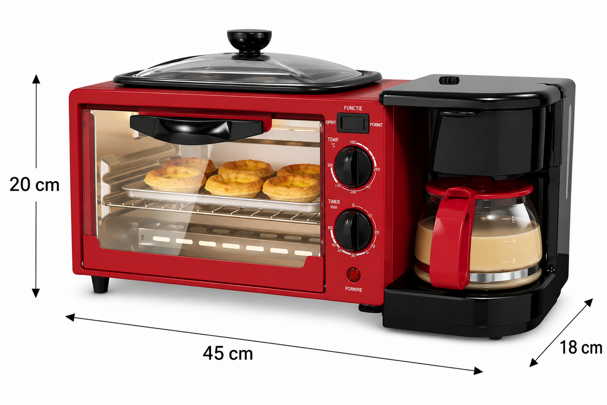 RAF R.5308R Statie de Mic Dejun 3 in 1, Cuptor Electric 9L, Cafetiera 0.6L, Tigaie Grill, 1250W