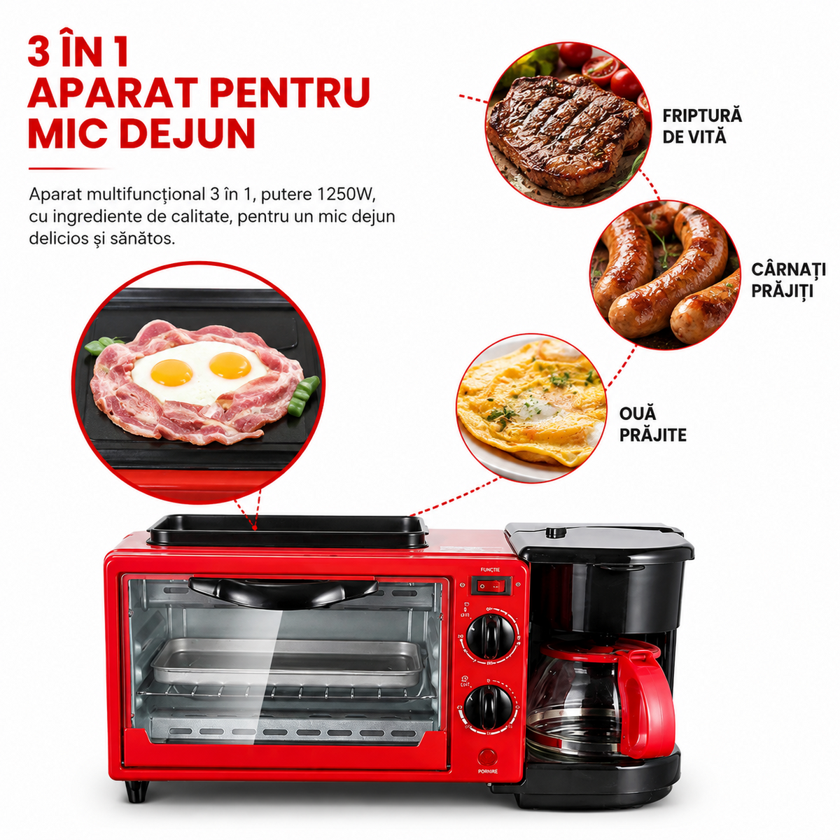 RAF R.5308R Statie de Mic Dejun 3 in 1, Cuptor Electric 9L, Cafetiera 0.6L, Tigaie Grill, 1250W