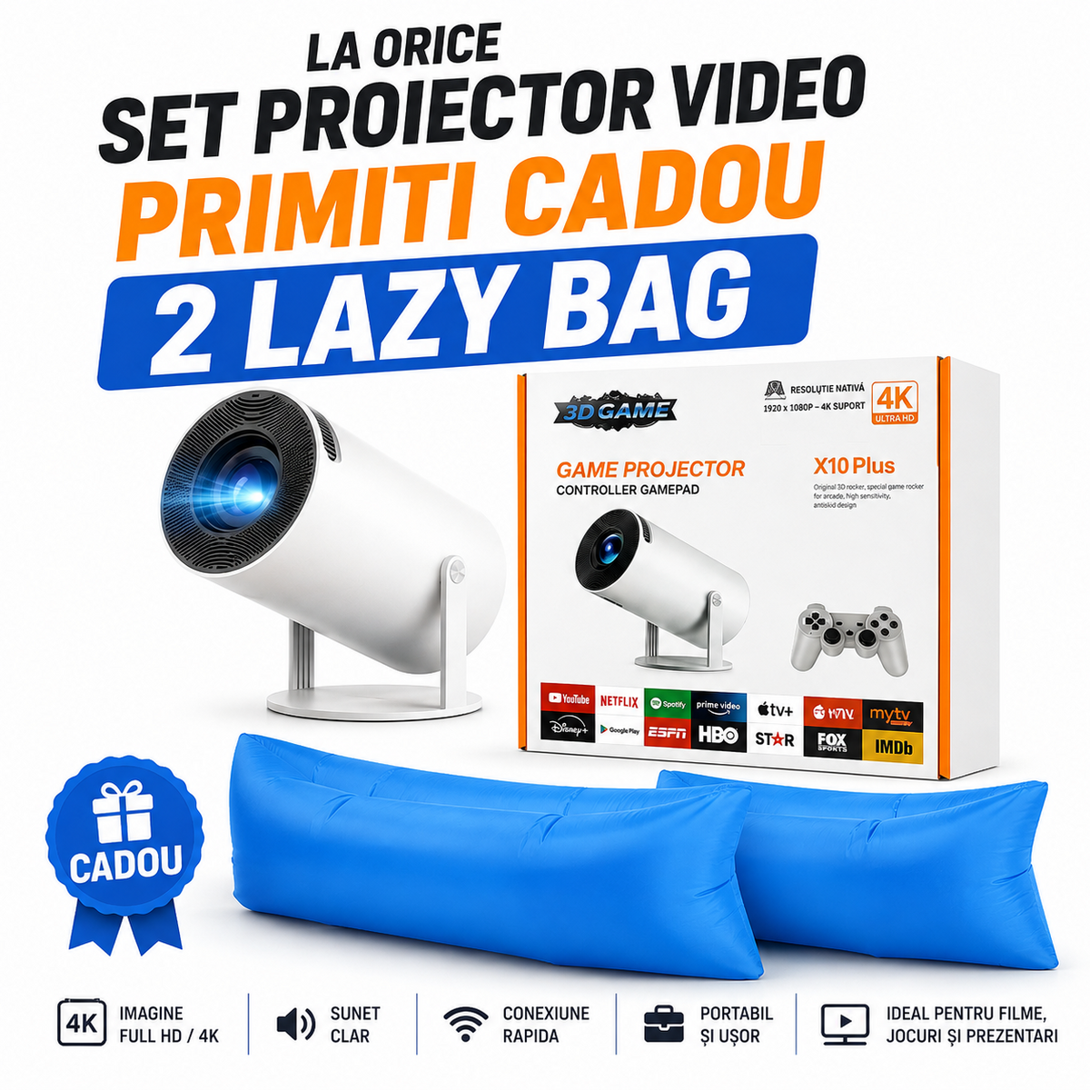 Proiector 4K Android X10 Plus gaming si video 2 controlere WiFi calitate premium - Cadou 2 x Lazy bag