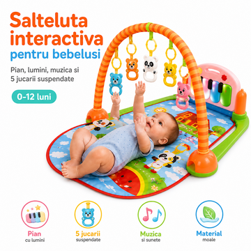 Salteluta Interactiva pentru Bebelusi – Pian, Lumini, Muzica si 5 Jucarii Suspendate, 0-12 luni